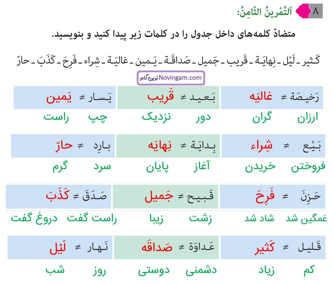 جواب التمرین الثامن صفحه 19 عربی نهم
