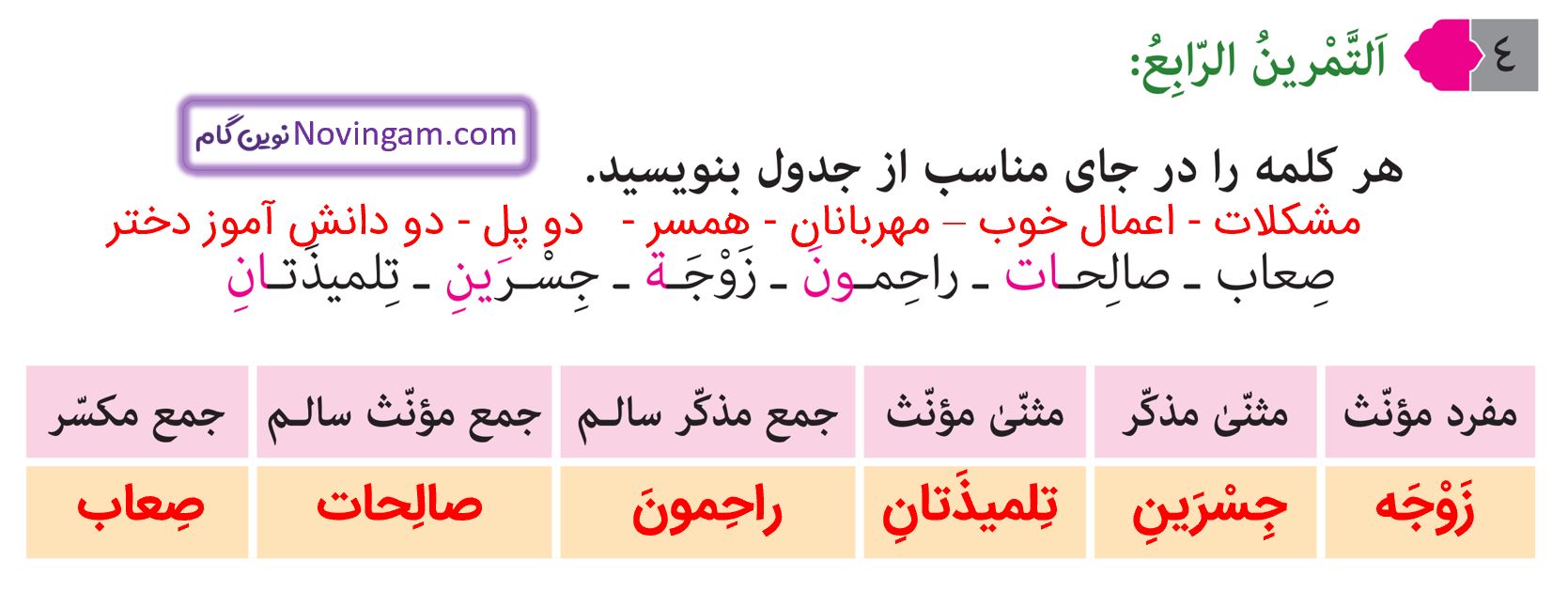 جواب التمرین الرابع صفحه 44 عربی نهم