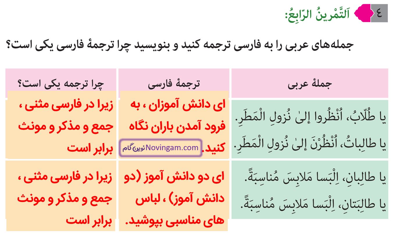 جواب التمرین الرابع صفحه 57 عربی نهم