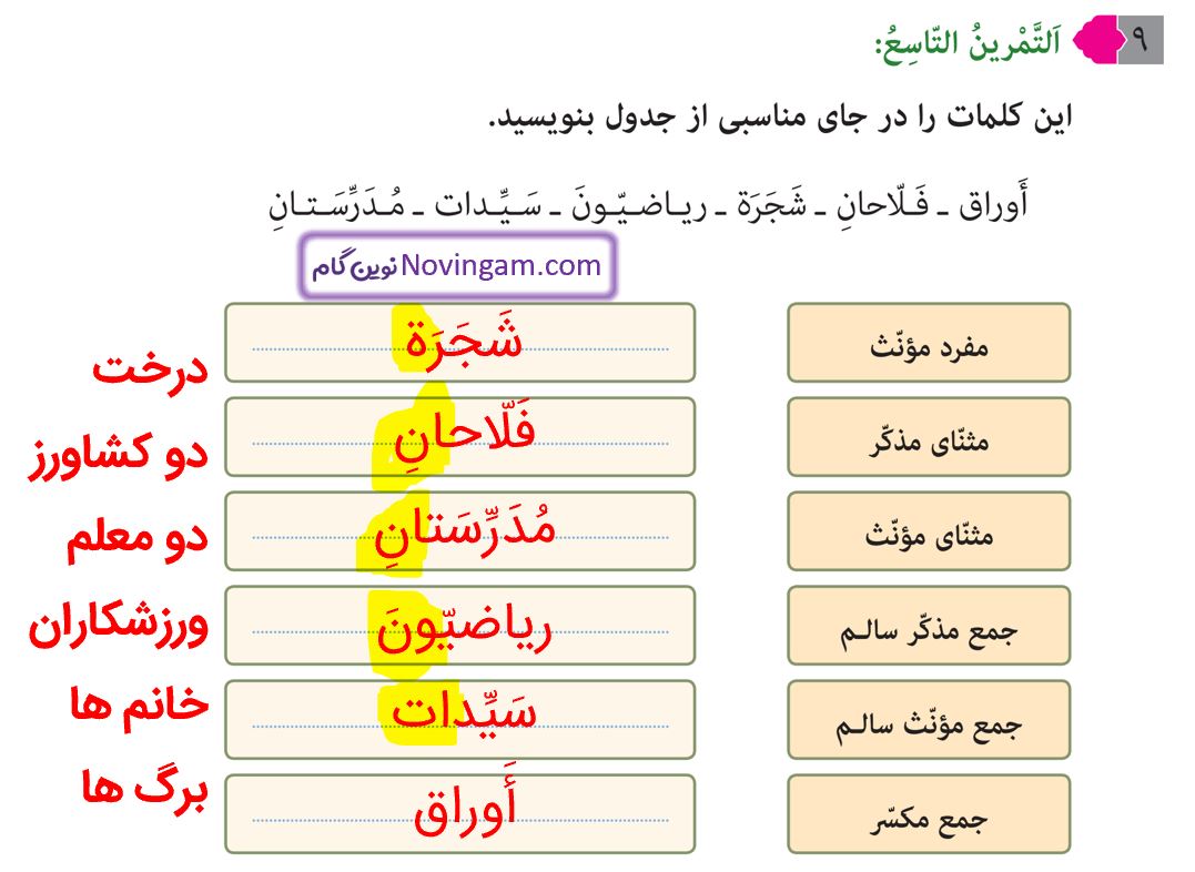 جواب التمرین التاسع صفحه 19 عربی نهم