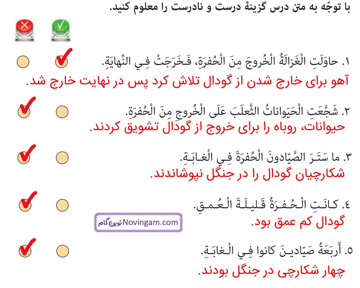 جواب درستی یا نادرستی جمله ها صفحه 65 عربی نهم