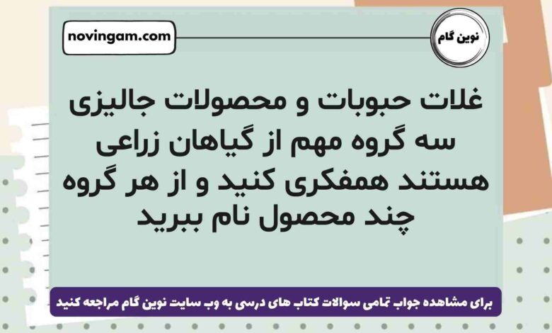 غلات حبوبات و محصولات جالیزی سه گروه مهم از گیاهان زراعی هستند همفکری کنید و از هر گروه چند محصول نام ببرید
